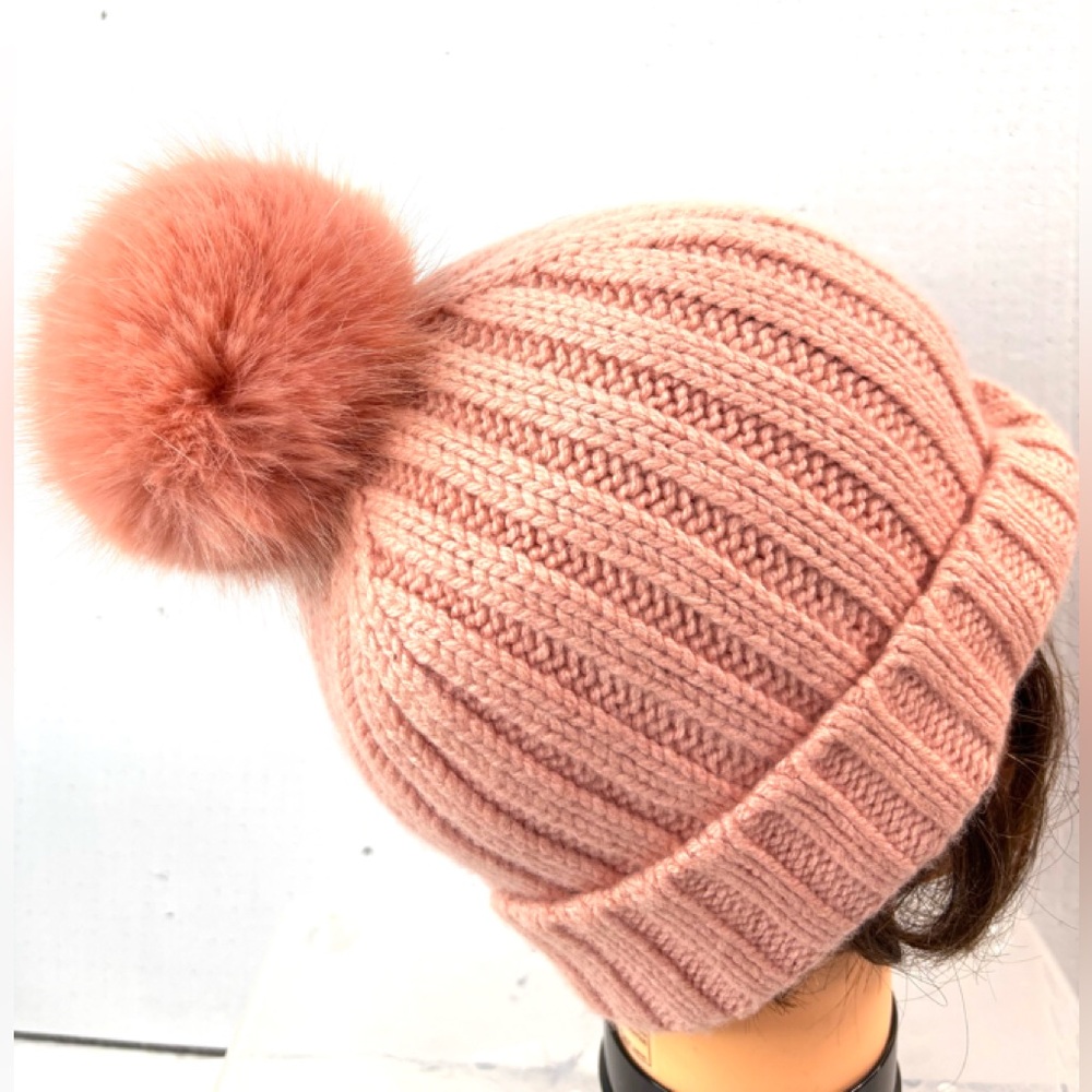 J. Crew Woman’s Ribbed Knit Pom-Pom Ski Hat in Peach - Picture 2 of 9